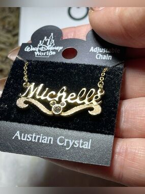 WALT DISNEY WORLD PARKS SOUVENIR NAME NECKLACE “MICHELLE” GOLD MICKEY CRYSTAL